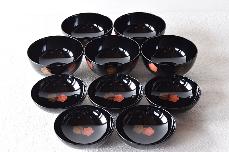 天然木製漆塗 輪島塗 梅蒔絵 吸物椀 5客セット 蒔絵師信斎 塗師静峰