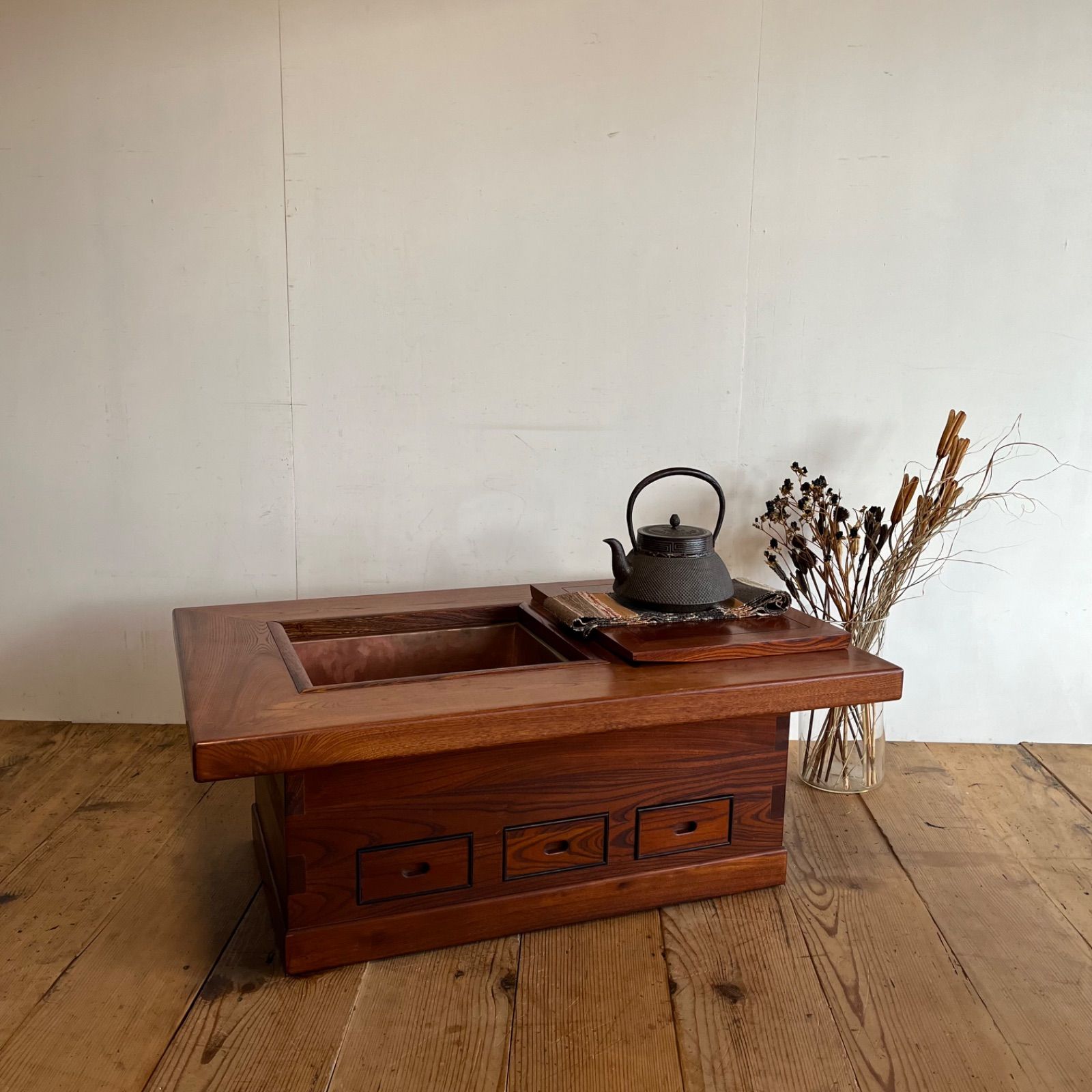 アンティーク 関西長火鉢 銅張り 古民家 家具 昭和レトロ 天然木材 欅