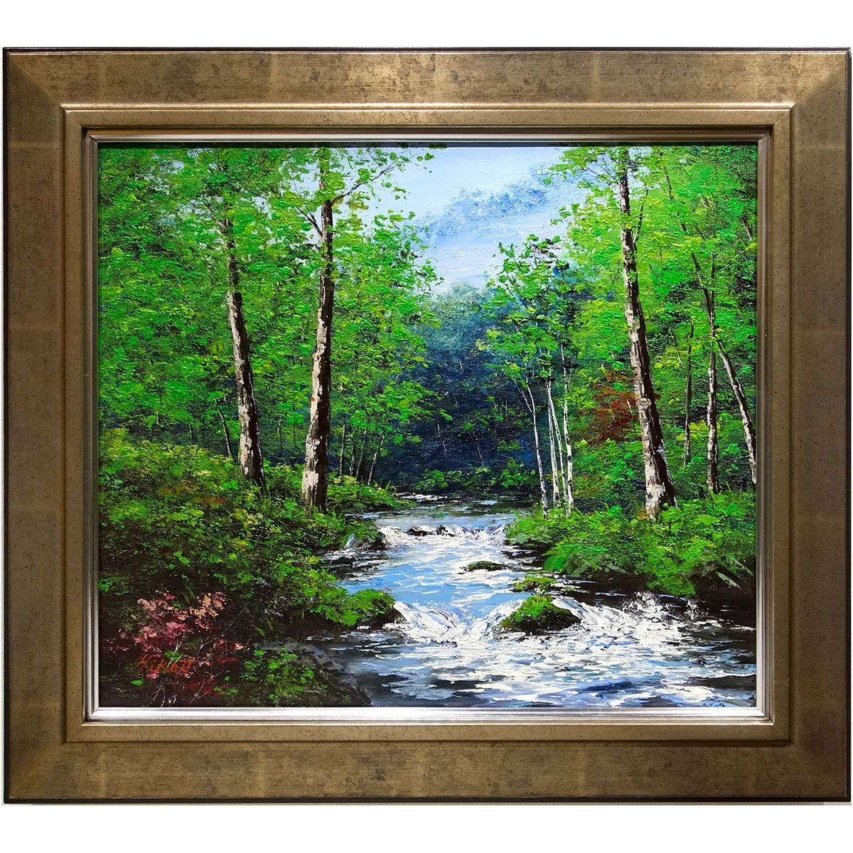 油彩画 西村拡人 「奥入瀬川」 F10号 油絵 額入り 風景画 真筆 肉筆画