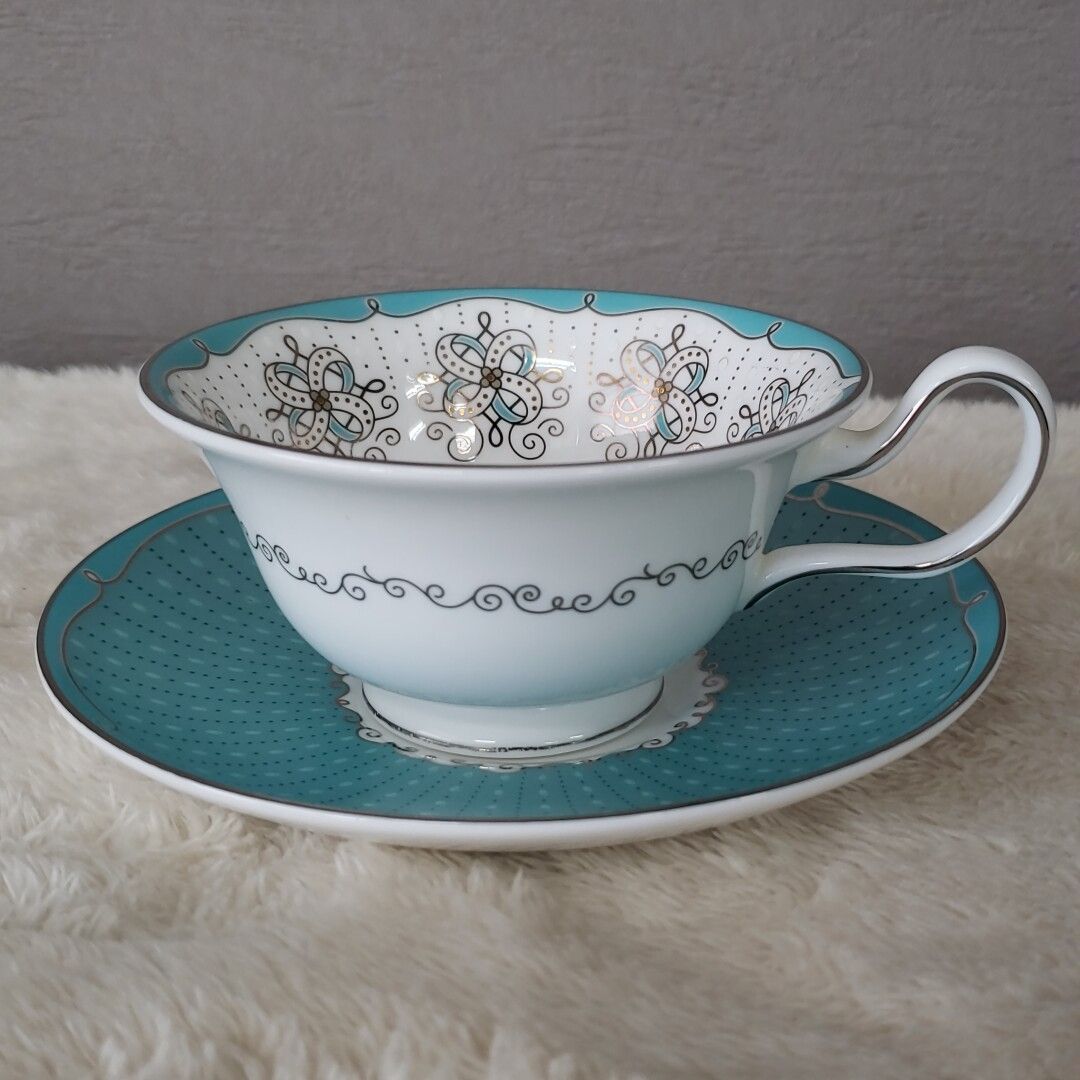 WEDGWOOD プシュケ カップ＆ソーサー 2客セット ペア ブルー×シルバー