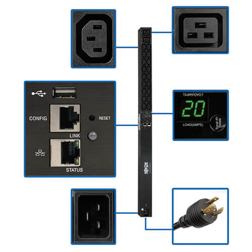 3.7kW Single-Phase 208/230V Monitored PDU, NIC, C13, C19 Outlets