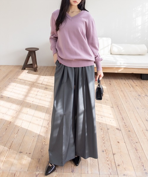 セール】Vネックロングニットトップス [骨格ストレート 着回し抜群