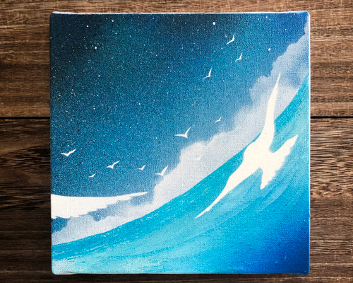 2つの青」 原画 海×空×渡り鳥 青 水平線 絵画 キャンバス 風景画