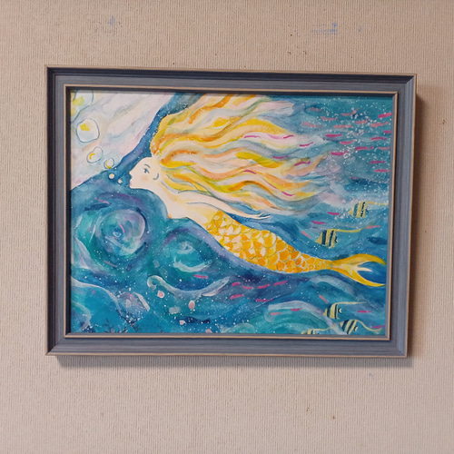 人魚姫 水彩画 32.5×41.5 額つき オリジナル手がき 夏にいかが