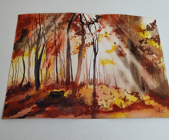 送料無料】ロシア 秋の森の風景画 オリジナル水彩画 19.5 x 27 cm