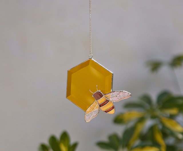 ウクライナ ステンドグラスのハニカムとミツバチのサンキャッチャー 窓