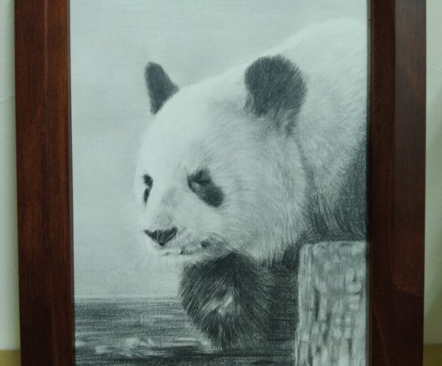 送料無料】台湾 装飾/パンダ/鉛筆画/オリジナル原稿/額装 Lin