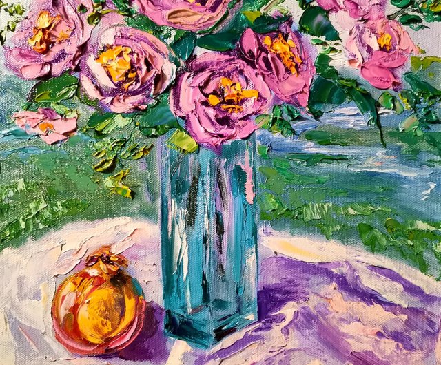 ロシア ザクロ ピンクのバラ ガラス花瓶 油絵 厚塗り オリジナル