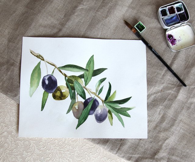 送料無料】ロシア オリーブアートの枝の水彩画を食べるアートワーク