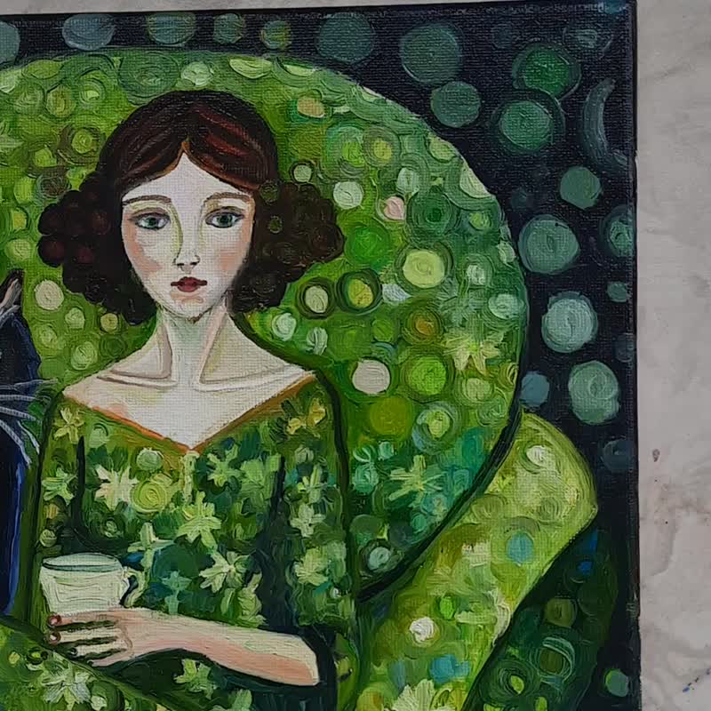 送料無料】ロシア 原創畫黒猫の少女 絵画アート オリジナルアート 油絵