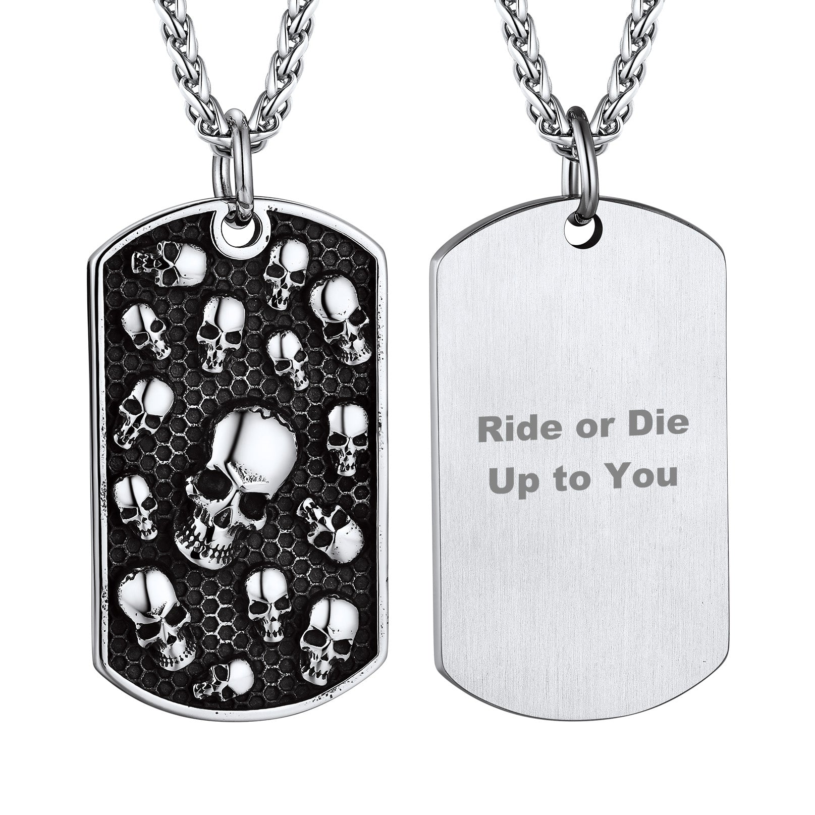 Skull Dog Tag Necklace for Men | Engraved Silver Pendant