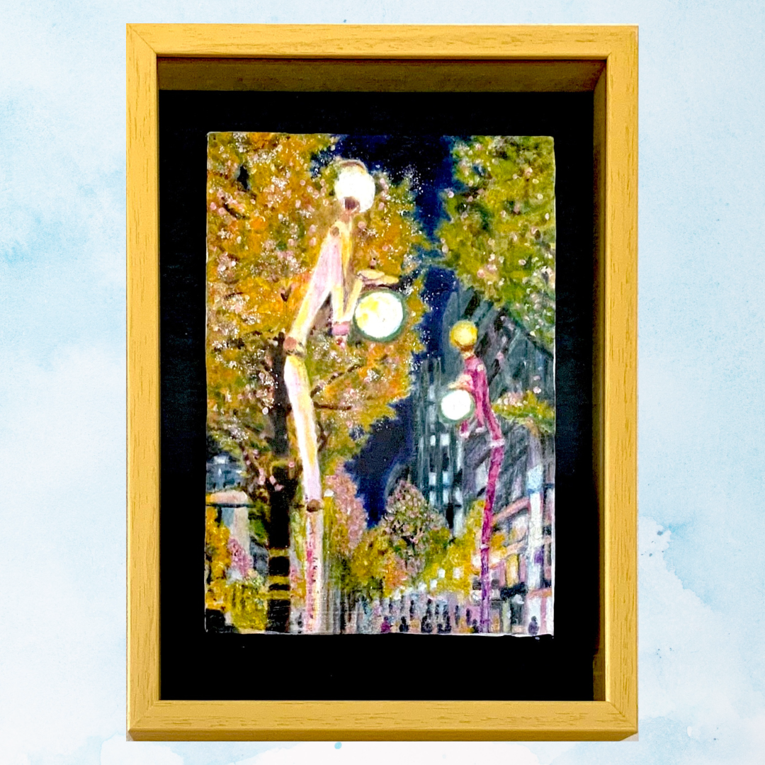 風景画「アートな街路灯の街」油彩画 SM 額付き by 福家佳則 / Fukei