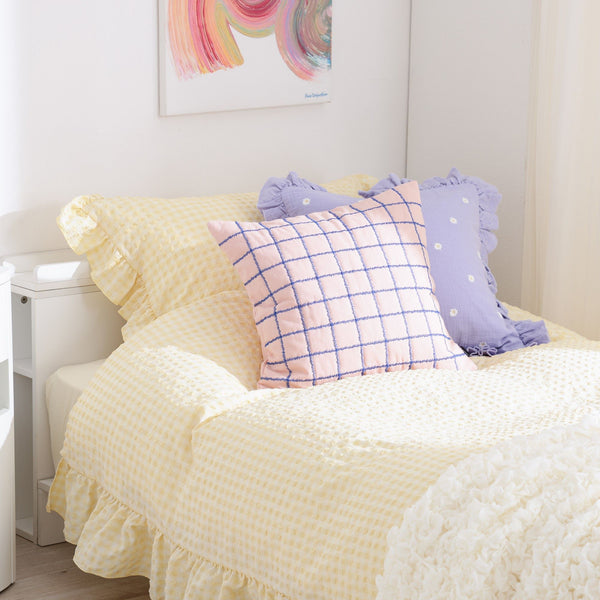 フリルチェック 寝具カバーセット シングル アイボリー×イエロー