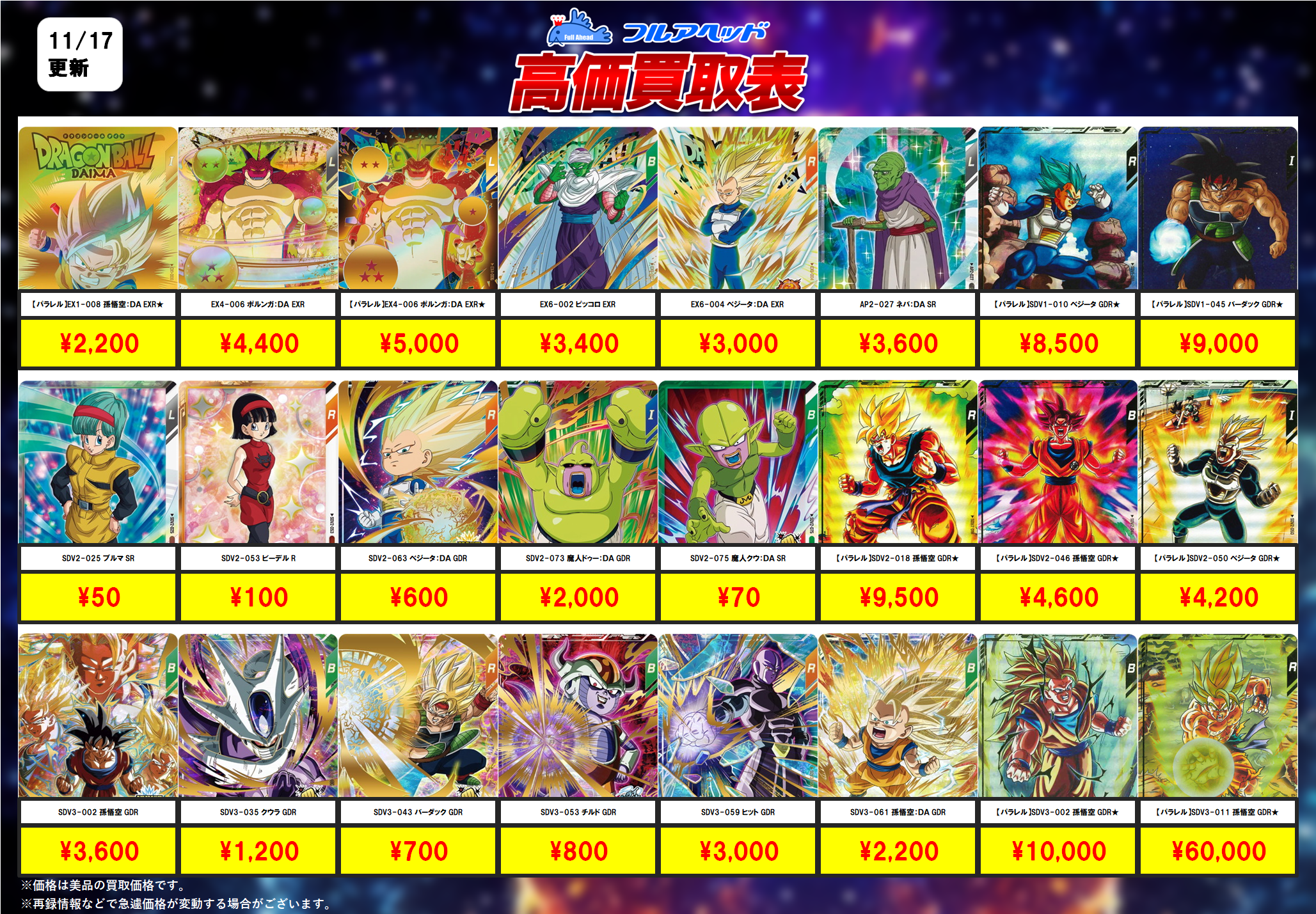ドラゴンボールダイバーズ】買取表、販売価格の調整を行いました！