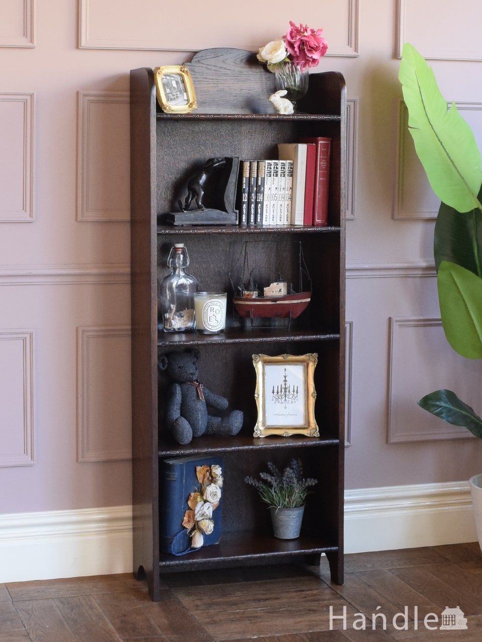 英国アンティークのオープンシェルフ、イギリスで見つけたオーク材の