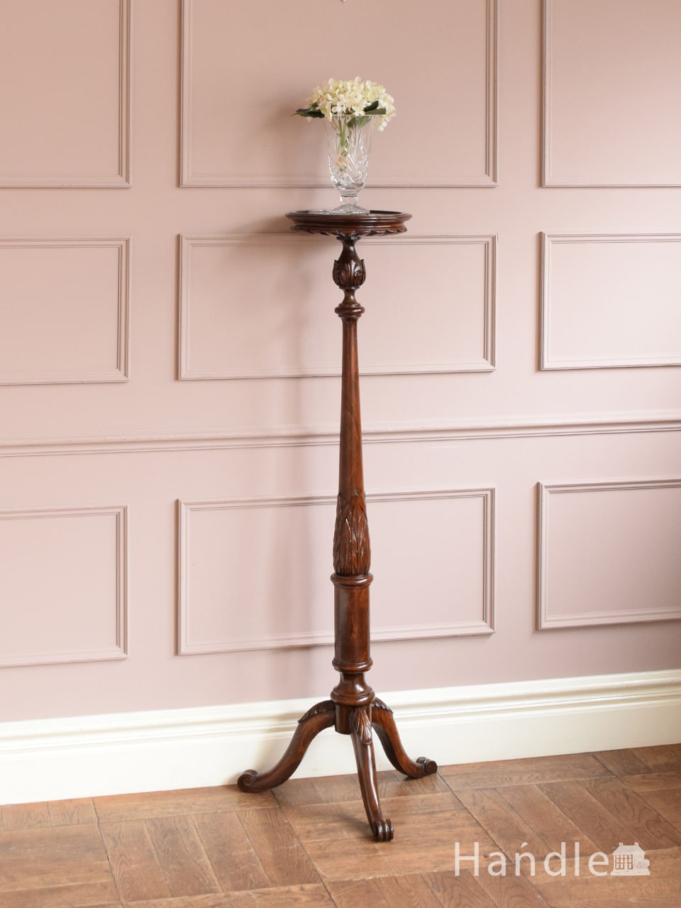 英国アンティークのウィッグスタンド、曲線を描く長い美しいオーク材の