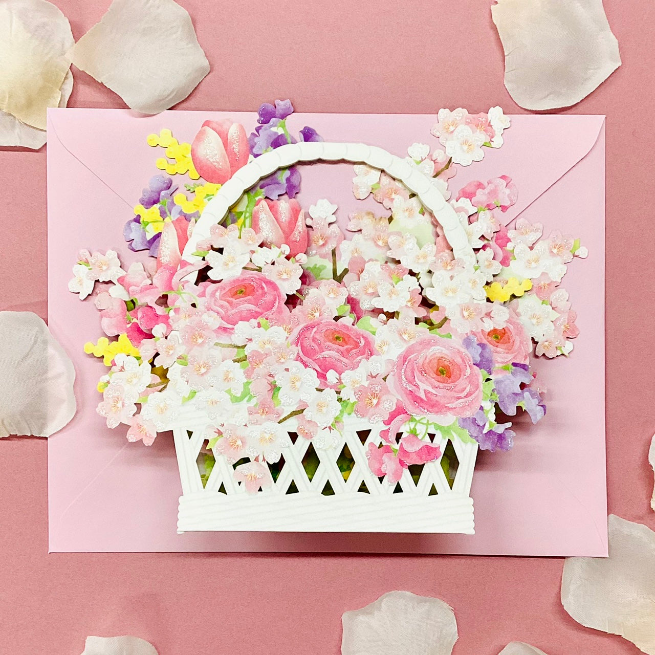 桜かごアレンジメント【春柄立体グリーティングカード】 – 日本ホール