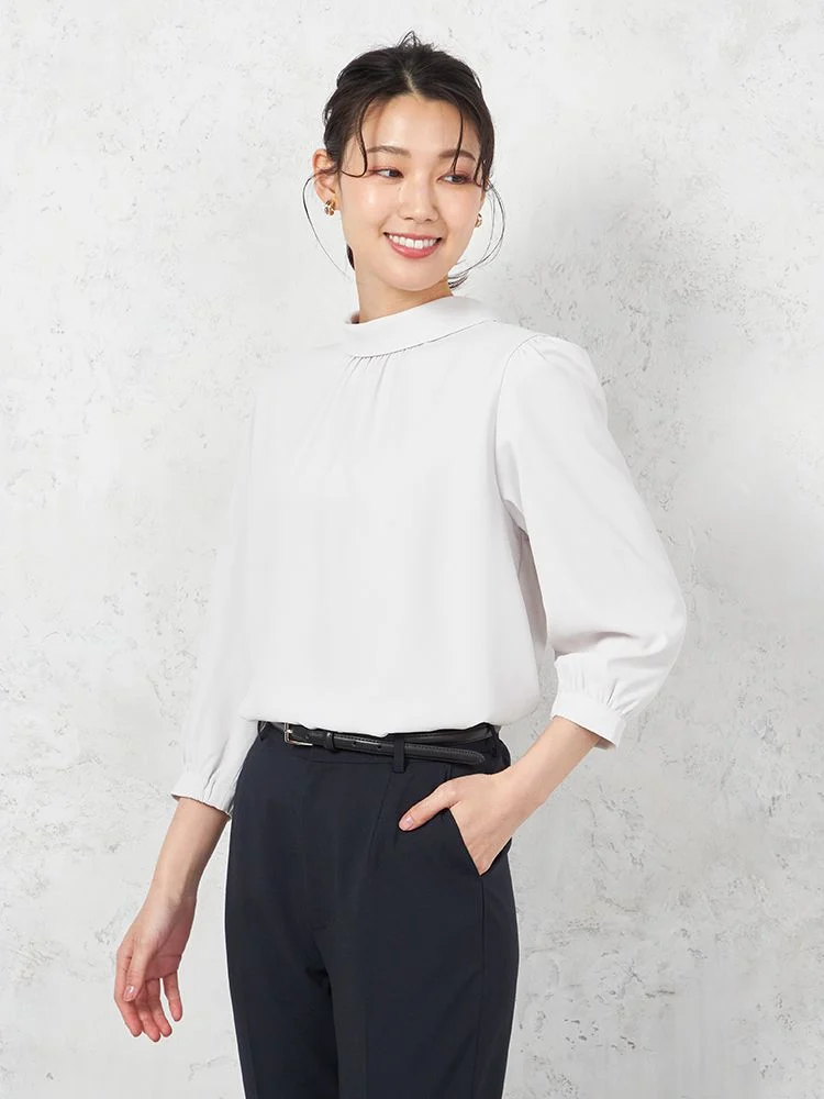 ベージュ 【ウォッシャブル】7分袖 ロ－ルカラ－ブラウス UVカット