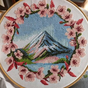 富士山クロスステッチパターン、富士山刺繍、日本の火山ニードル