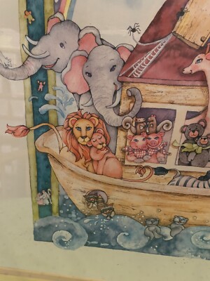 Debbie Kingston Baker Noah's Ark Signed Large White Frame