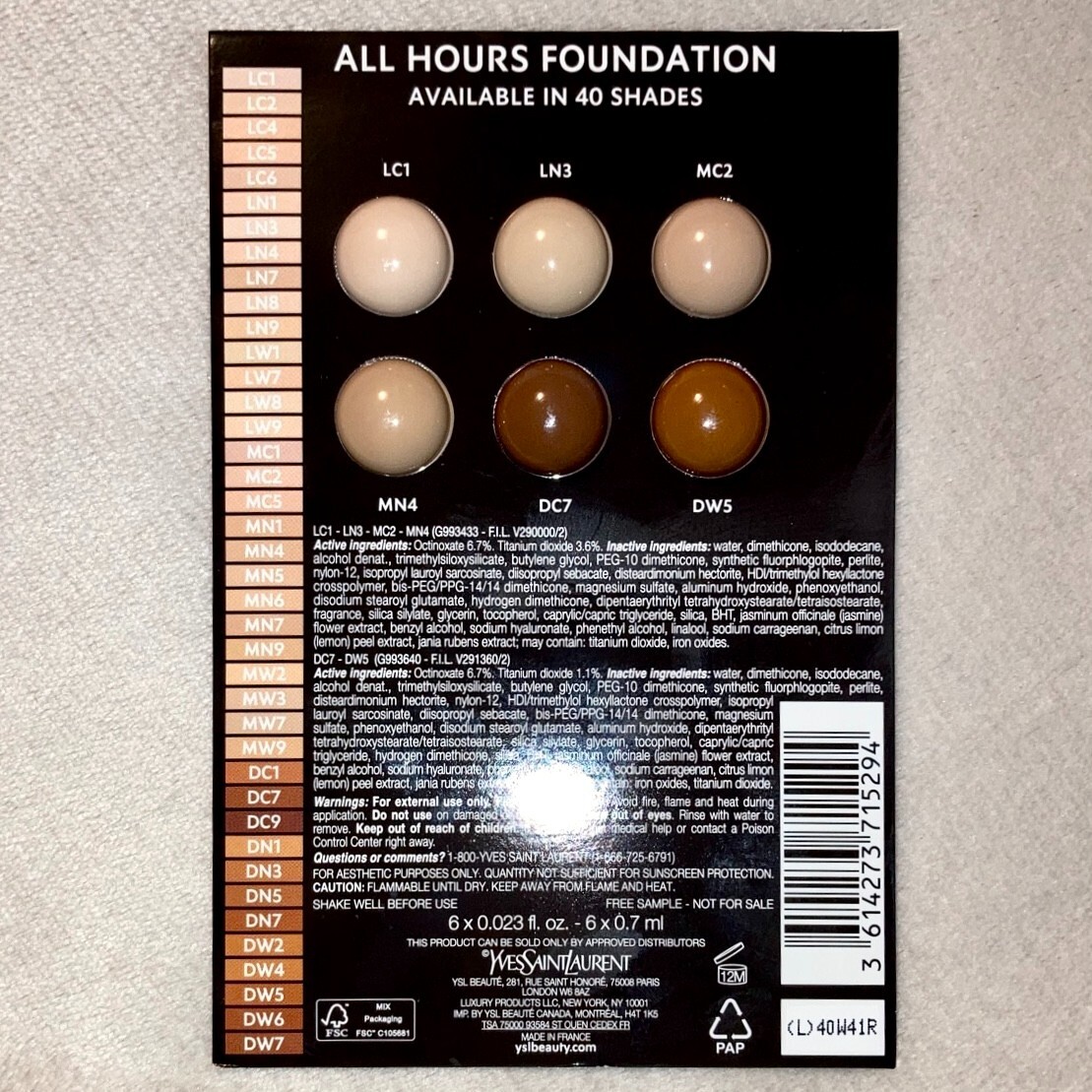 Yves Saint Laurent All Hours Luminous Matte Foundation Sample Card
