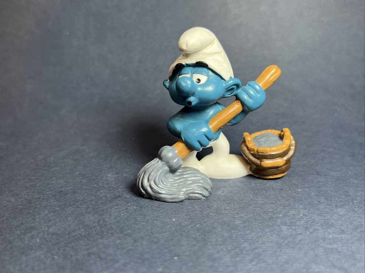 Smurfs 20193 Cleaner Smurf Mop Pail Bucket Rare Vintage Figure PVC