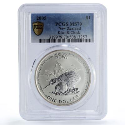 New Zealand 1 dollar Rowi Kiwi with Chick Bird Fauna MS70 PCGS