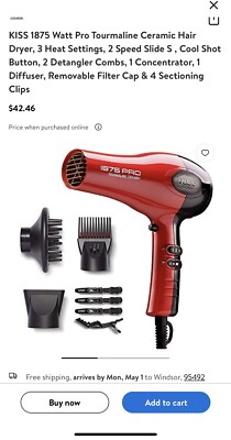 RED by Kiss 1875 Pro Tourmaline Ceramic 2200 Hair Blow Dryer for