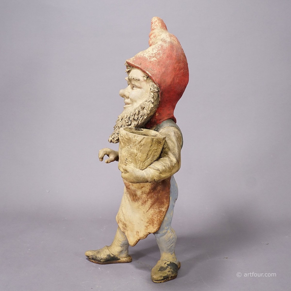Large Terracotta Garden Gnome with Flower Pot, Germany ca. 1920s