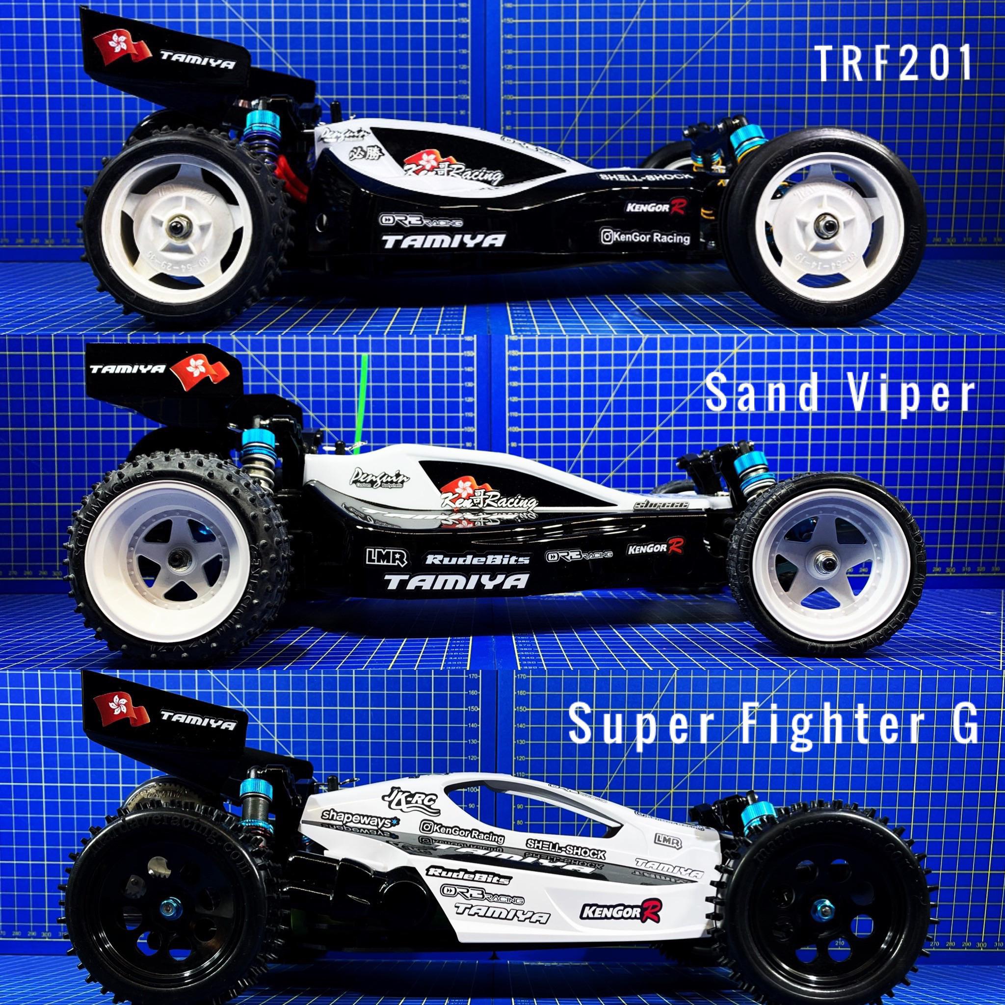 My different bodied Tamiya DT02 cars. TRF201 And Super Fighter G