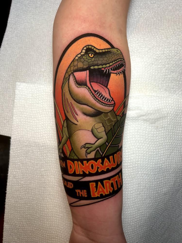 My new tattoo! Rexy by Dave Wah- Stay Humble, Baltimore MD : r