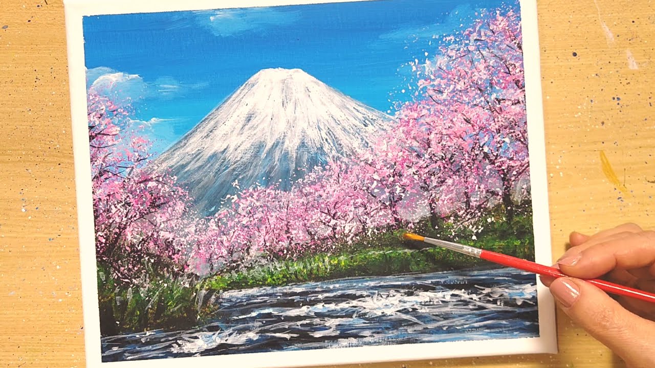 How to draw Mount Fuji and a row of cherry blossom trees with