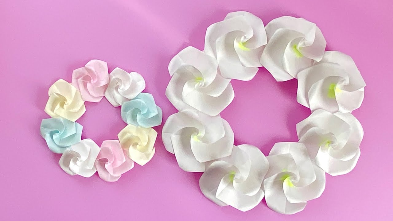 折り紙】ホワイトローズのリース・パステルローズのリースの作り方
