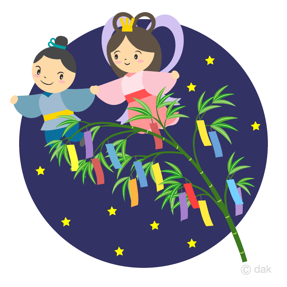 夜空の七夕短冊と織姫彦星イラストのフリー素材｜イラストイメージ