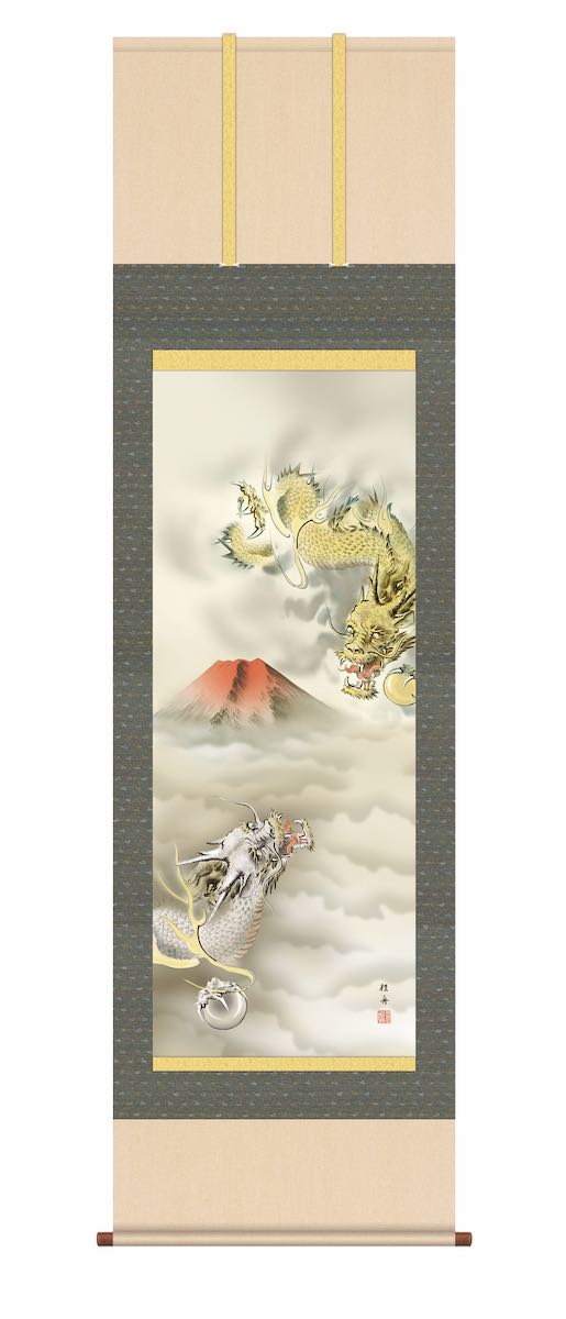 楽天市場】10年保証 掛け軸 年中掛け 赤富士双龍図 (あかふじそう