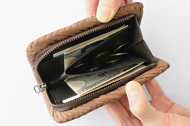 やまぶどう財布(国産材/市松編み/内側本革/L字ファスナー)(約)幅13.5