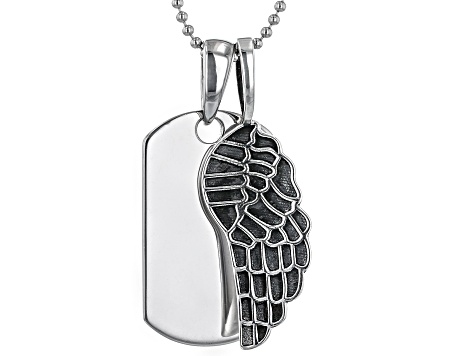 Rhodium Over Sterling Silver Dog Tag And Angel Wing Pendant With