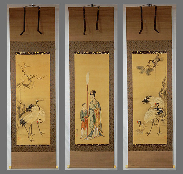 真作/狩野探幽/成道、鳩、芙蓉図/三幅対/極札/花鳥図/掛軸名家伝来AH-560