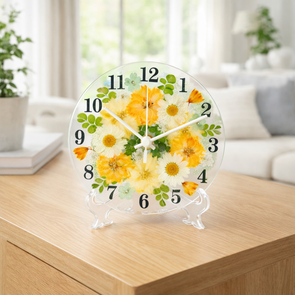 ◇人気のギフト 押し花 花時計 φ15cm【ラークスパー・オレンジ 掛時計