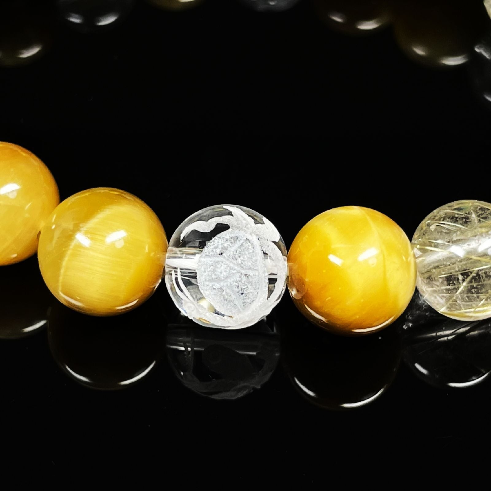 才能開花数珠］10ミリ 素彫四神獣 本水晶 ゴールデンタイガーアイ