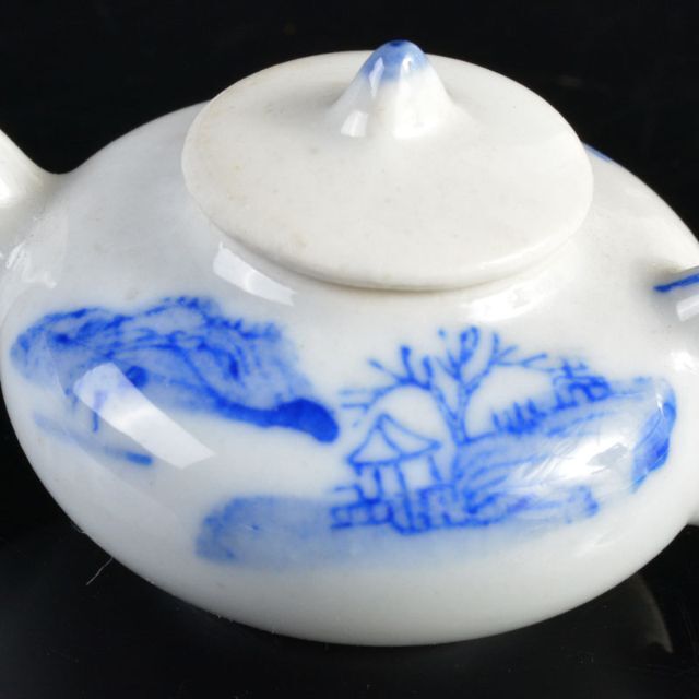 中国 中国 青花 山水文 ミニチュア茶器 急須 涼炉 湯呑 4点 V R4721 青花