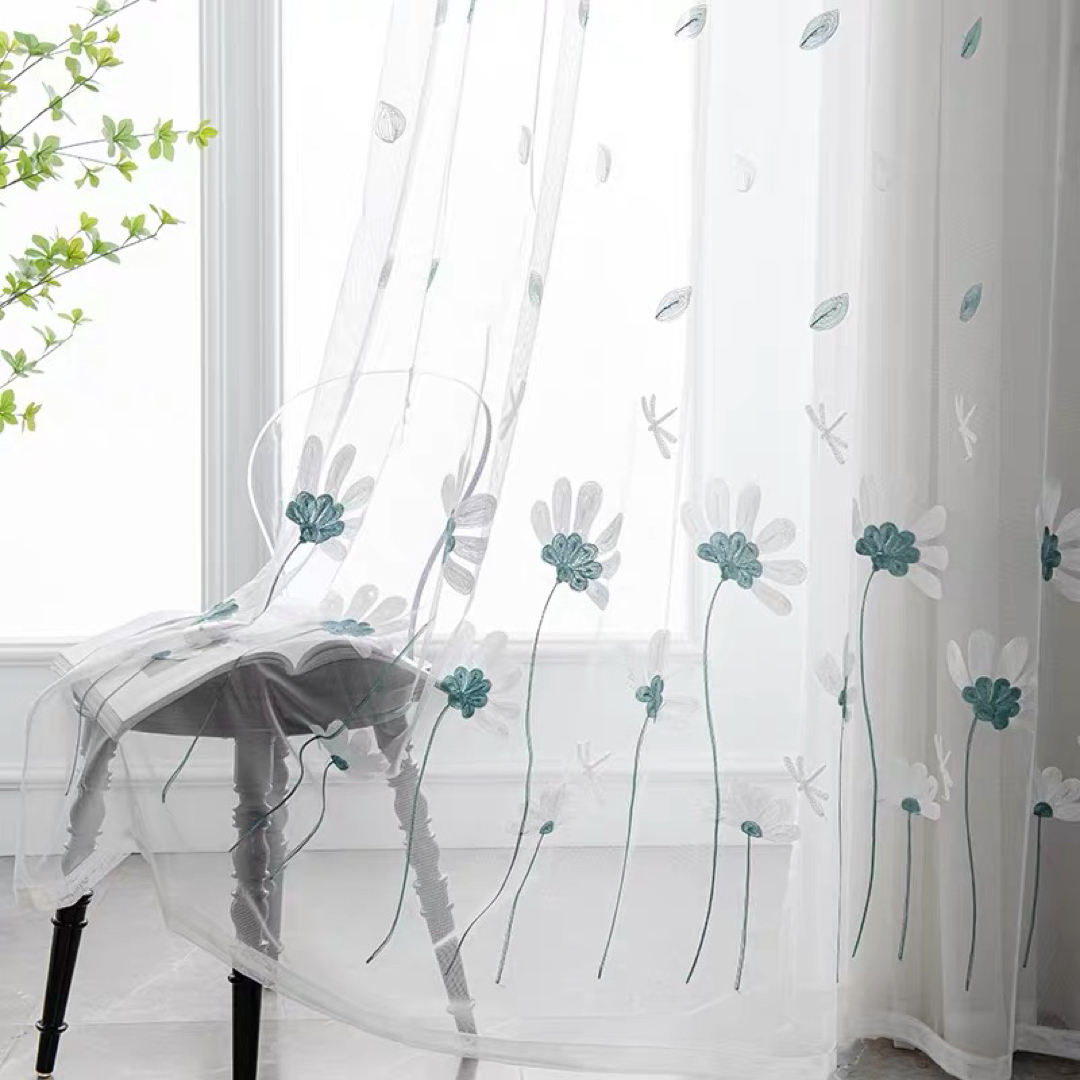 新品 お得 レースカーテン 刺繍 100x200 2枚セット 青花柄 即発送の