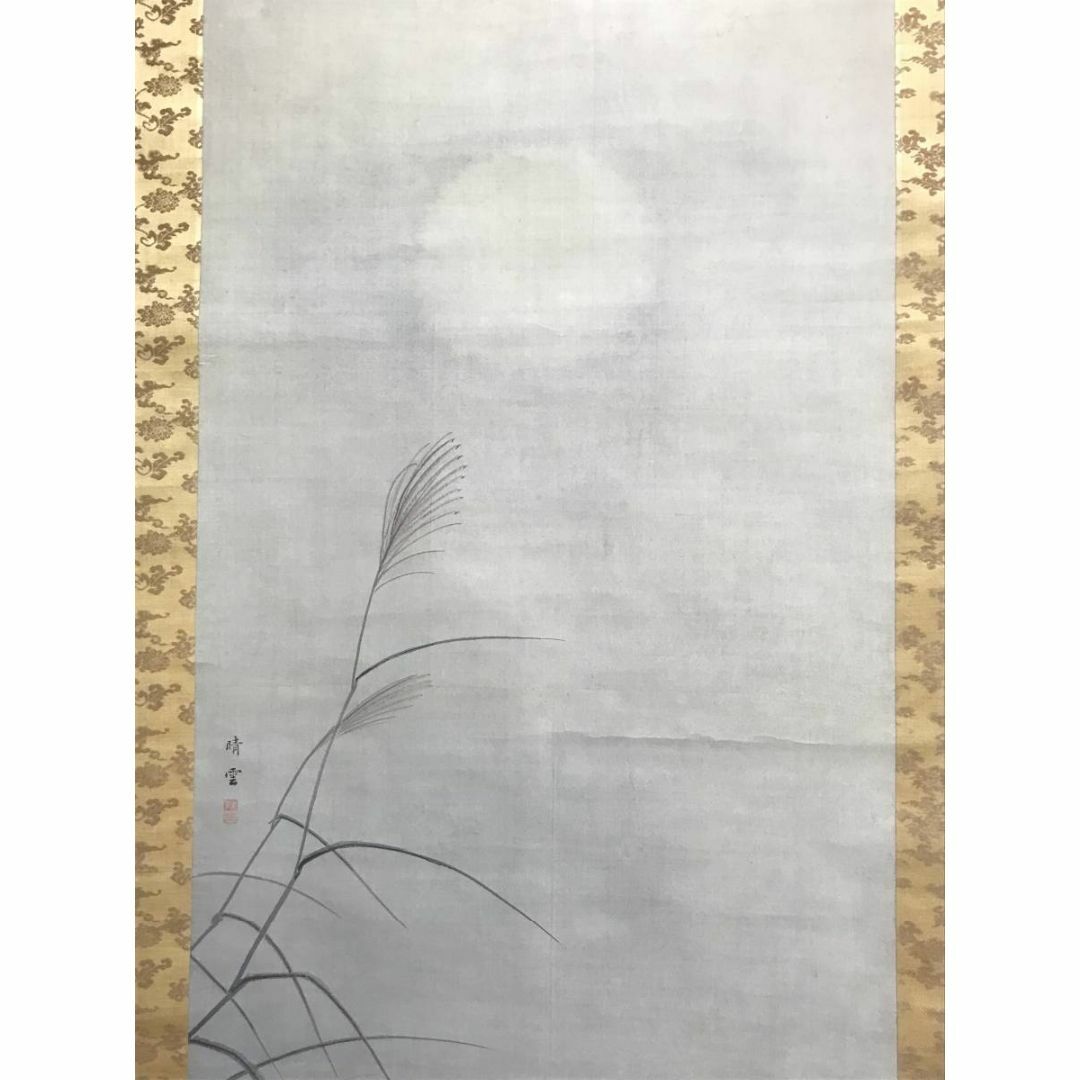 真作】晴雲/月下狸図/タヌキ図/コオロギ図/花鳥図/掛軸☆宝船☆AC-670