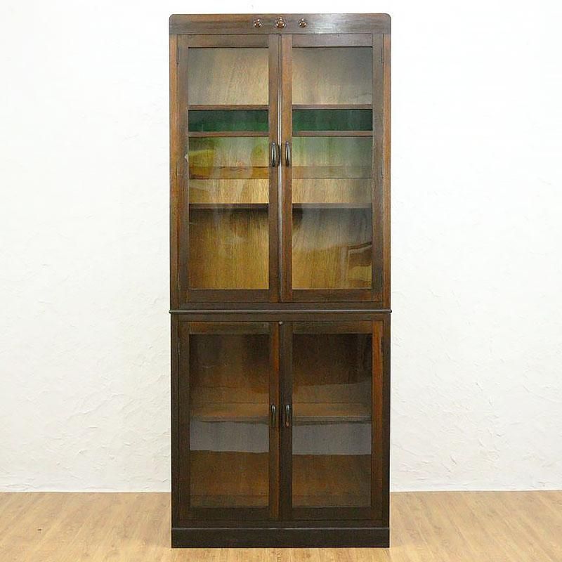 希少サイズ 細幅 緑ガラス入り 食器棚 書棚 収納棚 飾り棚 グリーン