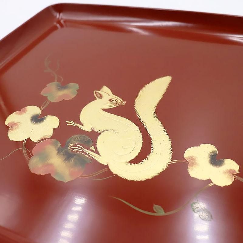 折敷 輪島塗 古代朱 沈金 大正昭和初期 四方盆 36cm