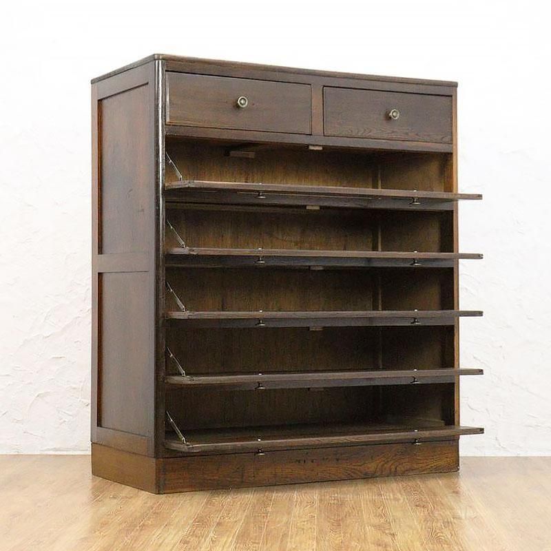 昭和レトロ木製パタパタ下駄箱｜引出し付きキャビネット｜欅×杉の玄関収納