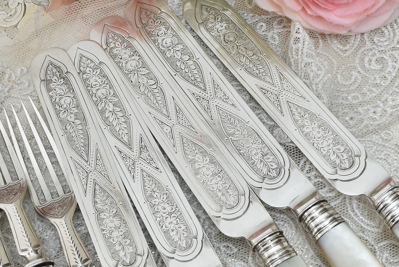 英国アンティーク銀器【純銀】1886年 白蝶貝のデザートカトラリー5組