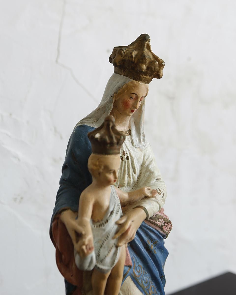 フランスアンティーク 聖母マリア様の石膏像 幼子のイエス・キリスト像