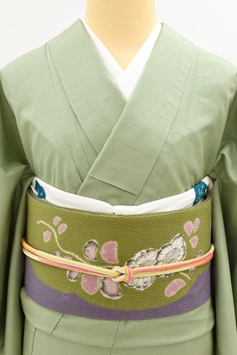 銀座【H-0769】大脇一心作 縮緬地 染名古屋帯 紫苑色×香櫞緑色 辻ヶ花