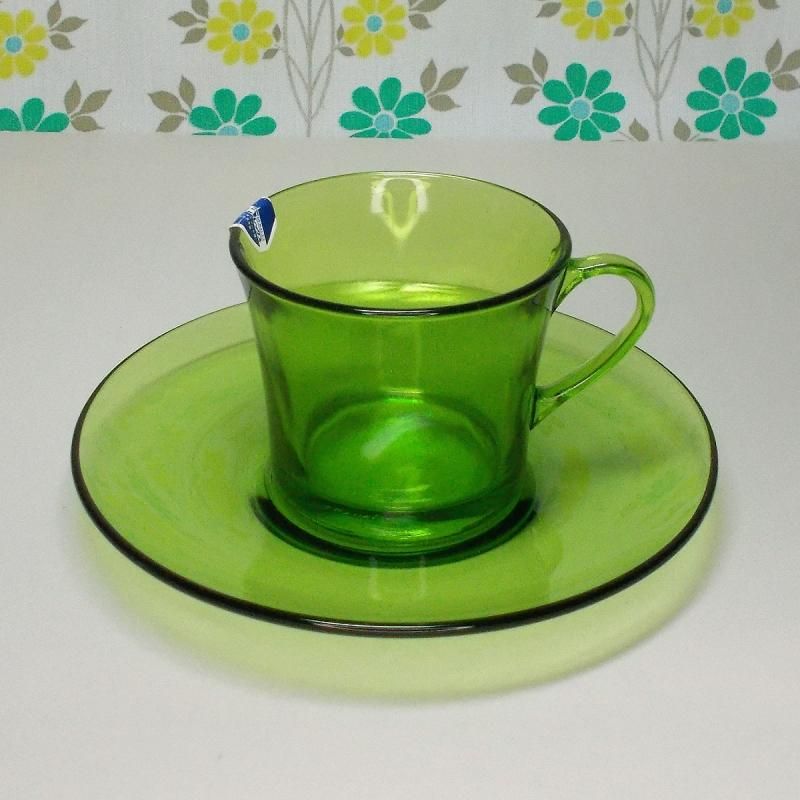 アールデコ◇ガラスカップ&ソーサー6客◇緑 グリーン 昭和レトロ